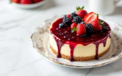 красиво украшенный чизкейк на тарелке