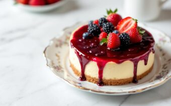 красиво украшенный чизкейк на тарелке
