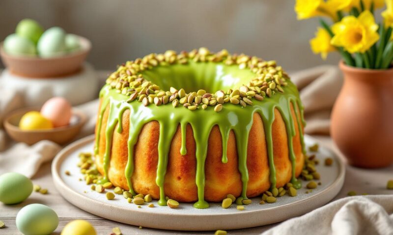 аппетитный кулич с фисташковой глазурью на светлой тарелке