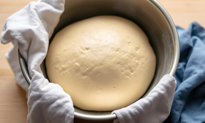 большая металлическая кастрюля с дрожжевым тестом на деревянной поверхности